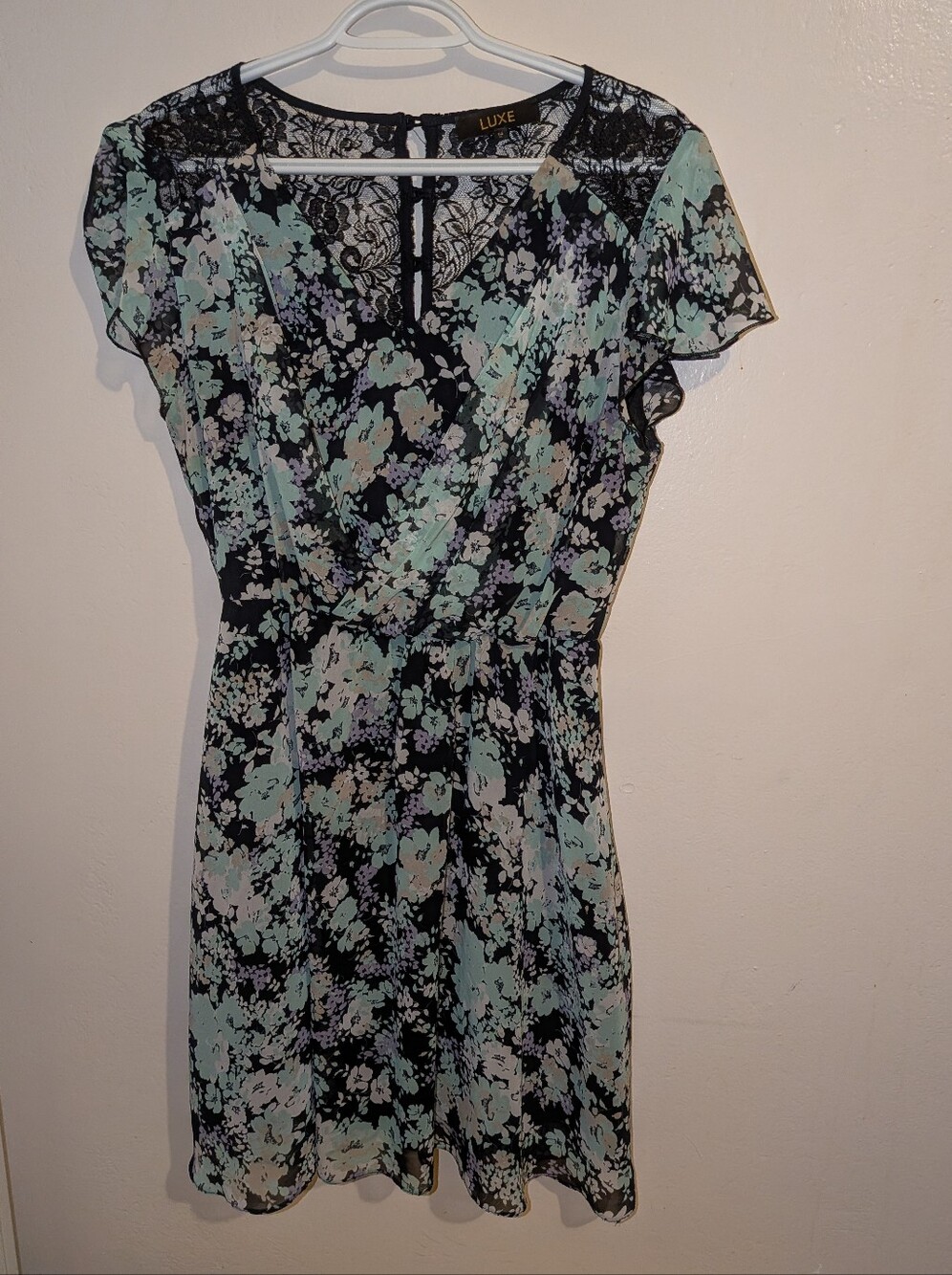Luxe Black Mini Dress with Mint Floral Print and Lace Yoke